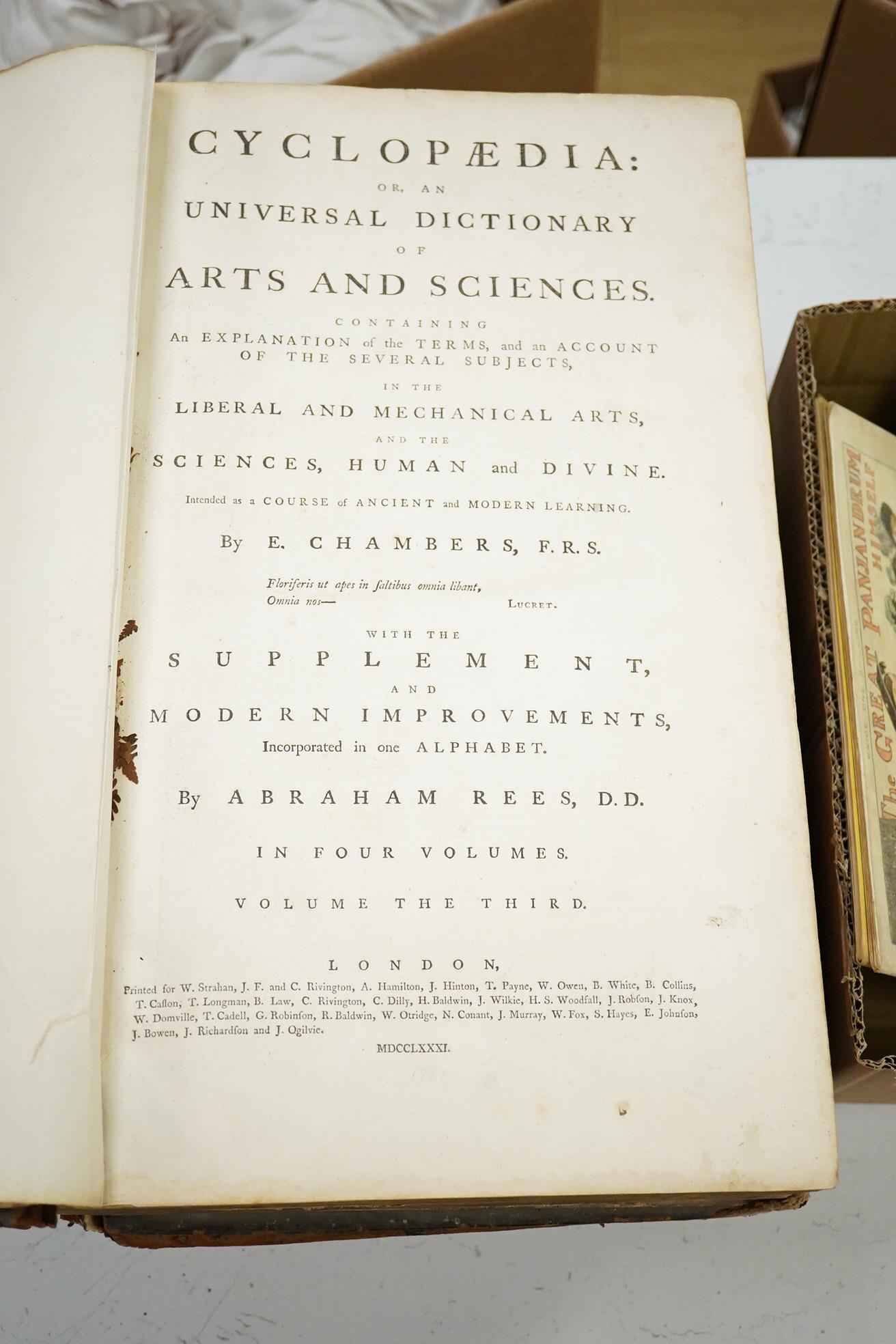 Chambers, Ephraim - Cyclopaedia: or, an Universal Dictionary of Arts and Sciences ... With the Supplement and Modern Improvements ... by Abraham Rees. 4 vols. and the plates vol. mixed editions. frontis. and 148 plates;